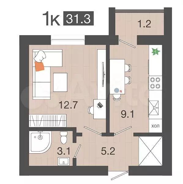 1-к. квартира, 31,3 м, 2/4 эт. - Фото 1