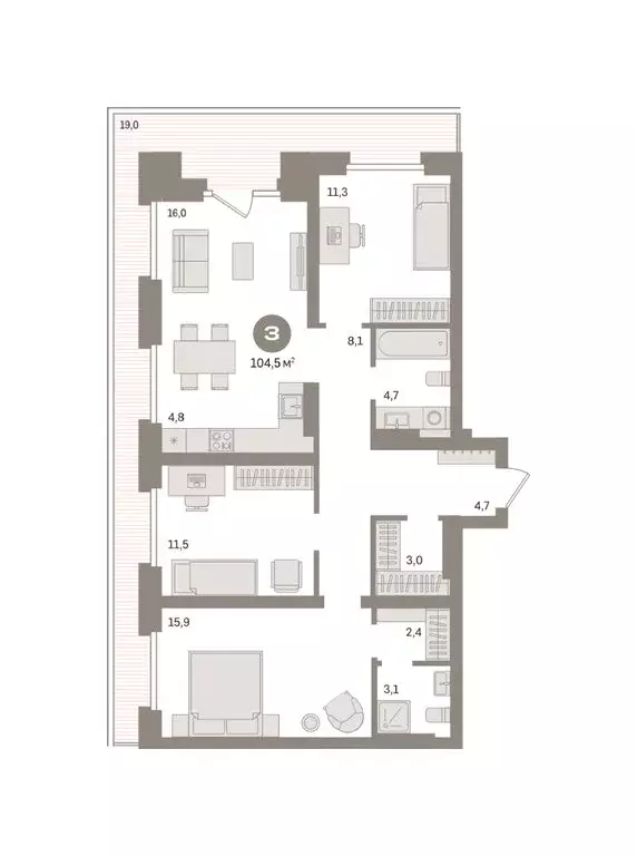 3-комнатная квартира: Тюмень, Причальная улица, 9 (104.5 м) - Фото 1