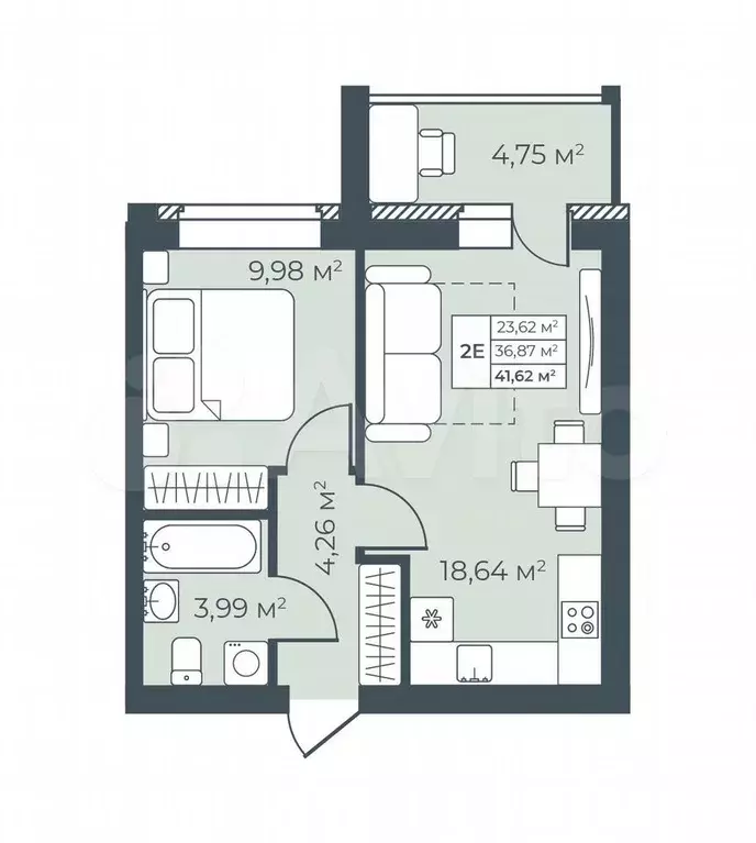 2-к. квартира, 41,6 м, 8/9 эт. - Фото 0