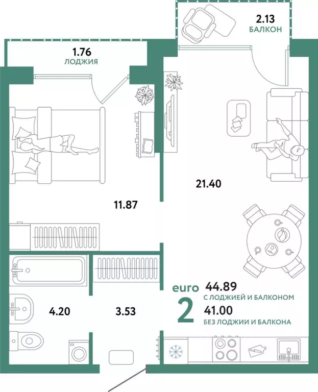 2-к кв. Тюменская область, Тюмень ул. 50 лет Октября, 63к2 (44.89 м) - Фото 1