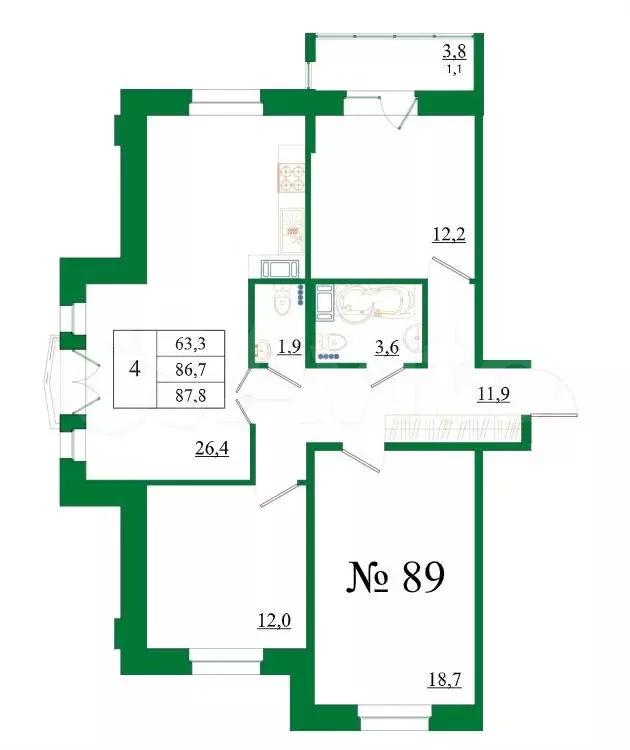 4-к. квартира, 87,8 м, 4/8 эт. - Фото 0