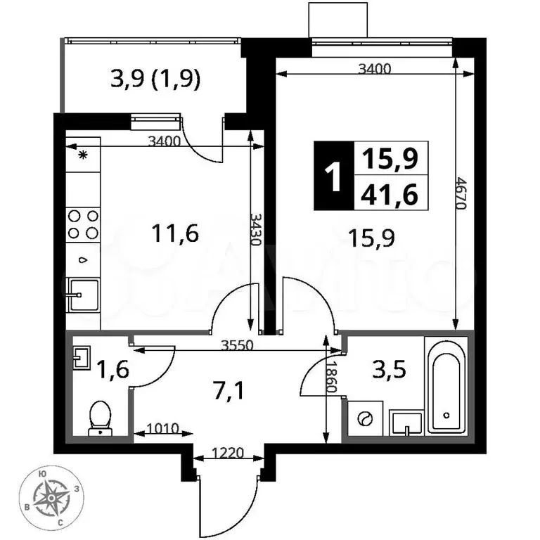 1-к. квартира, 41,6 м, 2/25 эт. - Фото 0