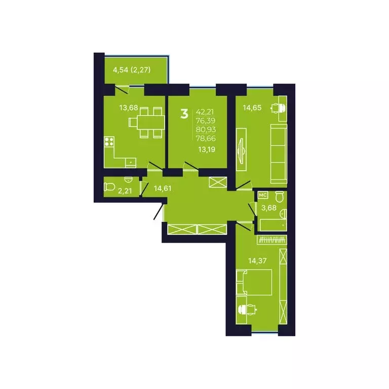 3-комнатная квартира: Уфа, улица Михаила Зайцева, 6 (78.5 м) - Фото 1