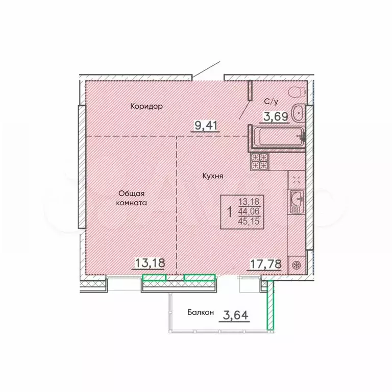 1-к. квартира, 45,2 м, 5/9 эт. - Фото 0
