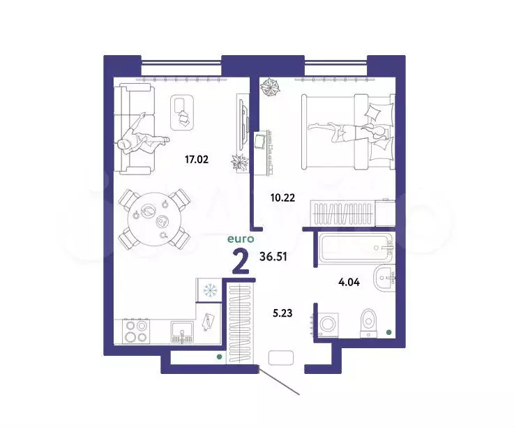 2-к. квартира, 36,5 м, 2/15 эт. - Фото 1