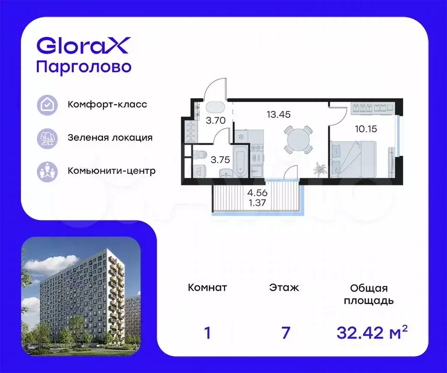 1-к. квартира, 32,4 м, 7/15 эт. - Фото 0
