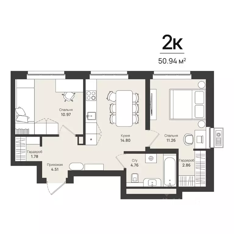 2-к кв. Пермский край, Пермь Уинская ул., 56 (50.94 м) - Фото 1