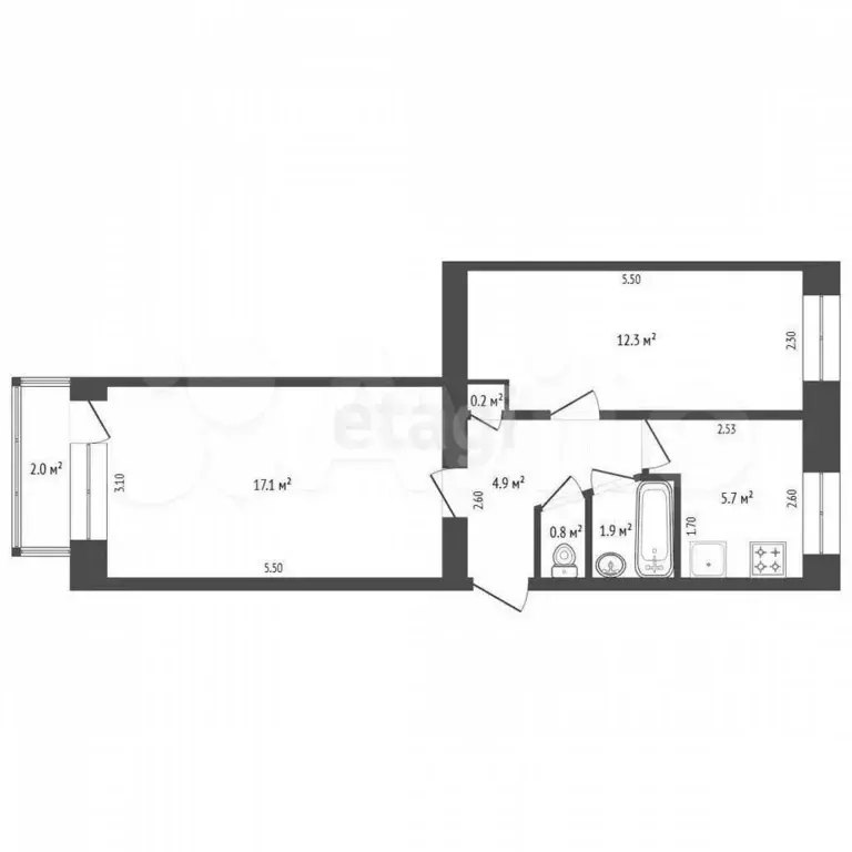2-к. квартира, 42,9 м, 1/5 эт. - Фото 0
