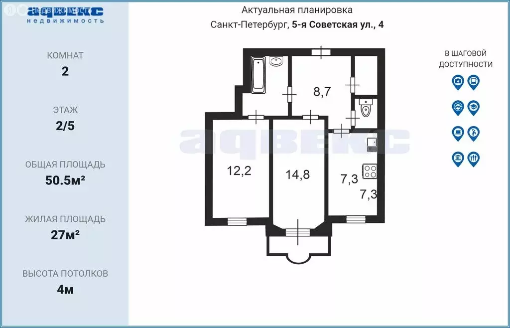2-комнатная квартира: Санкт-Петербург, 5-я Советская улица, 4 (50.5 м) - Фото 2
