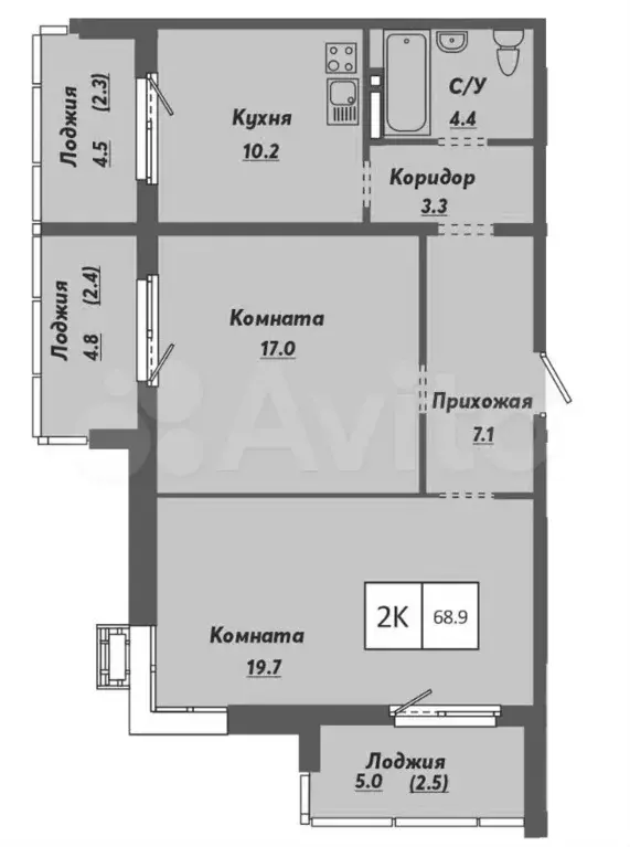 2-к. квартира, 68,9 м, 3/15 эт. - Фото 0