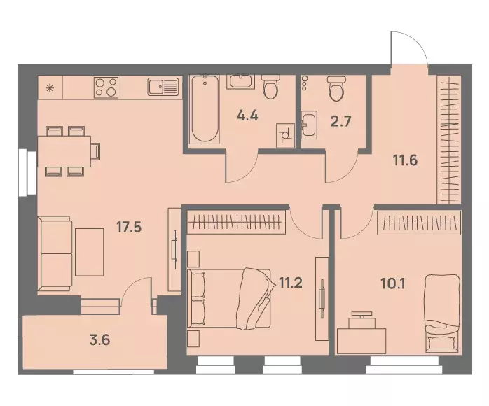 3-к квартира, 59 м - Фото 0