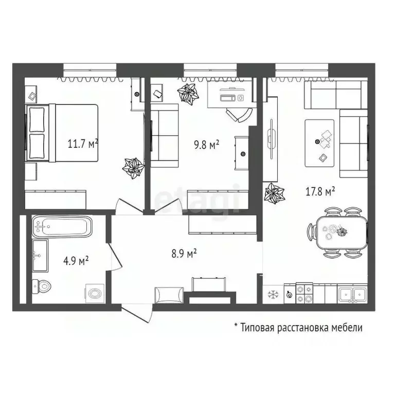 2-к кв. Тюменская область, Тюмень Новгородская ул., 14 (54.1 м) - Фото 1