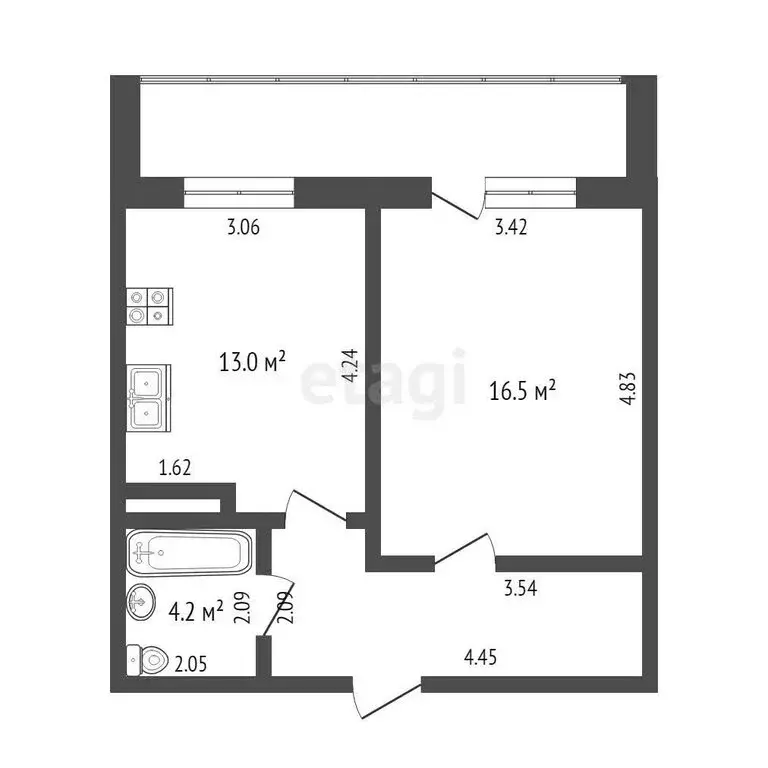 1-комнатная квартира: Тюмень, улица Елизарова, 12 (40 м) - Фото 1