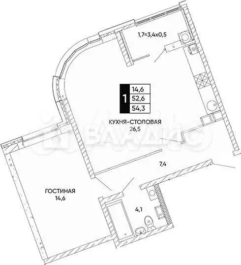 1-к. квартира, 54,3 м, 11/20 эт. - Фото 0