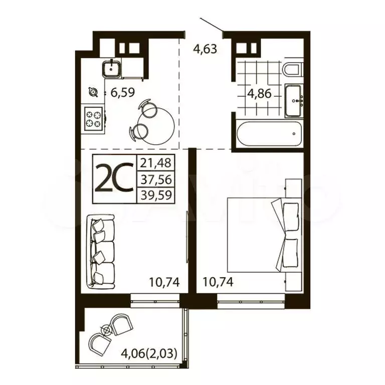 2-к. квартира, 38,9 м, 20/24 эт. - Фото 0