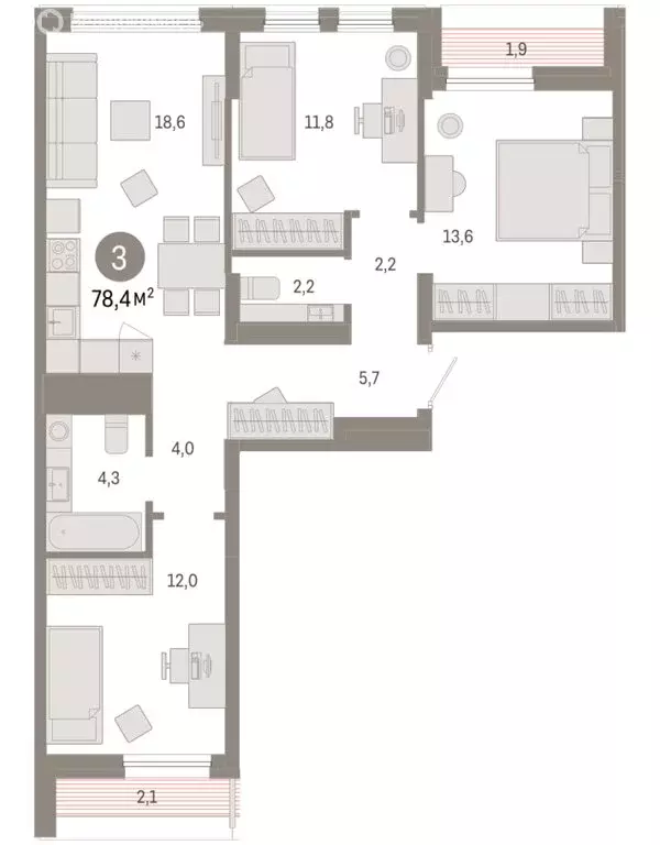 3-комнатная квартира: Тюмень, улица Республики, 205к1 (78.39 м) - Фото 2