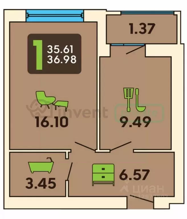 1-к кв. Калининградская область, Гурьевск ул. Каштановая, 4 (36.98 м) - Фото 1