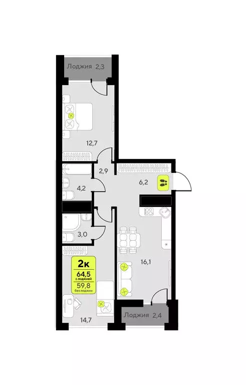 2-комнатная квартира: Тюмень, улица Андрея Приказнова, 1 (64.5 м) - Фото 1