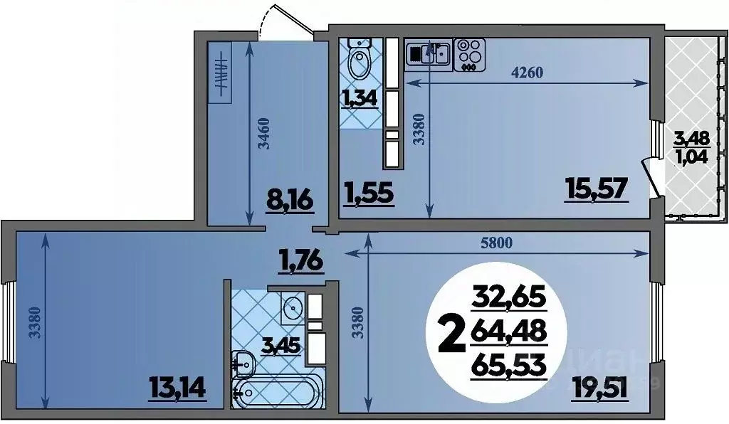 2-к кв. Адыгея, Майкоп  (65.53 м) - Фото 1