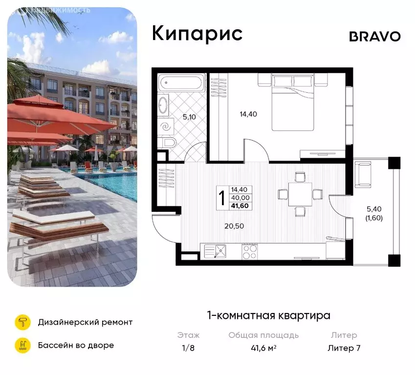 1-комнатная квартира: Сукко, жилой комплекс Кипарис (41.6 м) - Фото 1
