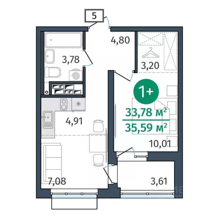 1-к кв. Тюменская область, Тюмень ул. Тимофея Кармацкого, 17 (33.78 м) - Фото 0