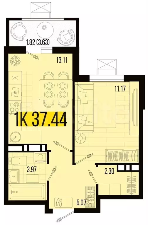 1-к. квартира, 37,4 м, 5/8 эт. - Фото 0