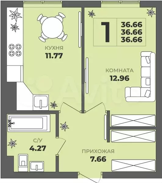 1-к. квартира, 36,7 м, 1/8 эт. - Фото 1