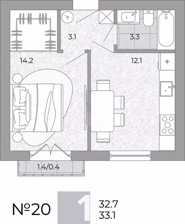 1-к. квартира, 33,1 м, 3/4 эт. - Фото 0