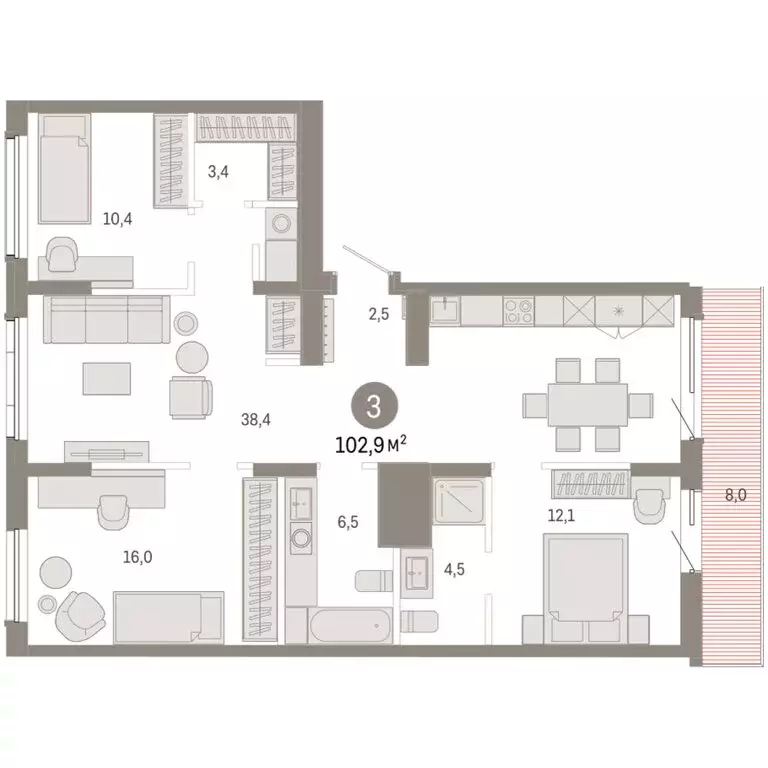 3-комнатная квартира: Омск, Кировский округ (102.94 м) - Фото 1