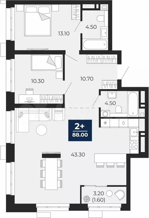 2-к. квартира, 88 м, 3/24 эт. - Фото 0