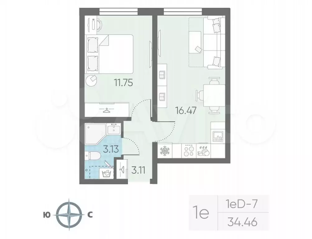 1-к. квартира, 34,5 м, 2/22 эт. - Фото 0