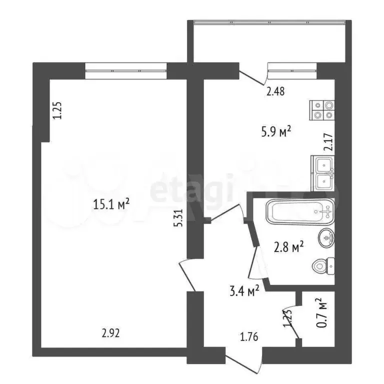 1-к. квартира, 27,9 м, 4/5 эт. - Фото 0
