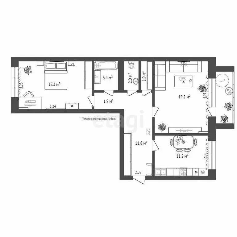 2-комнатная квартира: Тюмень, улица Газовиков, 49к1 (68.7 м) - Фото 1