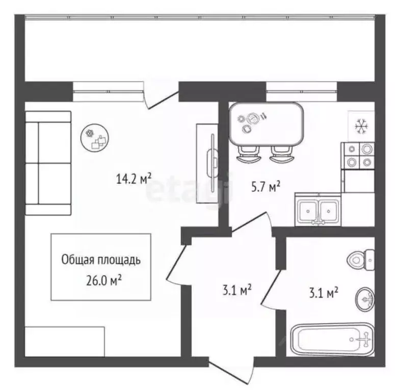 1-к кв. Новосибирская область, Новосибирск ул. Петухова, 103 (26.0 м) - Фото 1