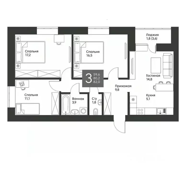 3-к кв. Татарстан, Альметьевск ул. Гафиатуллина, 60 (82.0 м) - Фото 0