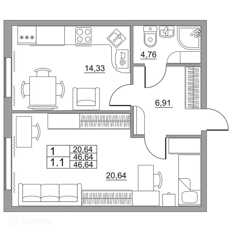 Продаётся 1-к квартира, 46.64 м - Фото 1