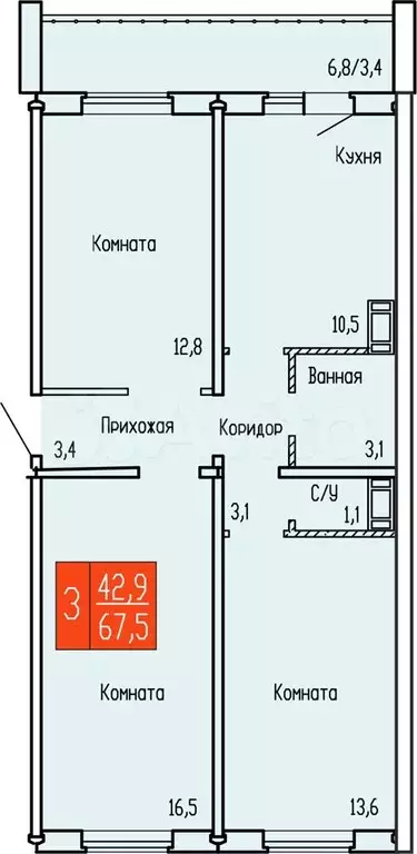 3-к. квартира, 67,5 м, 6/10 эт. - Фото 0