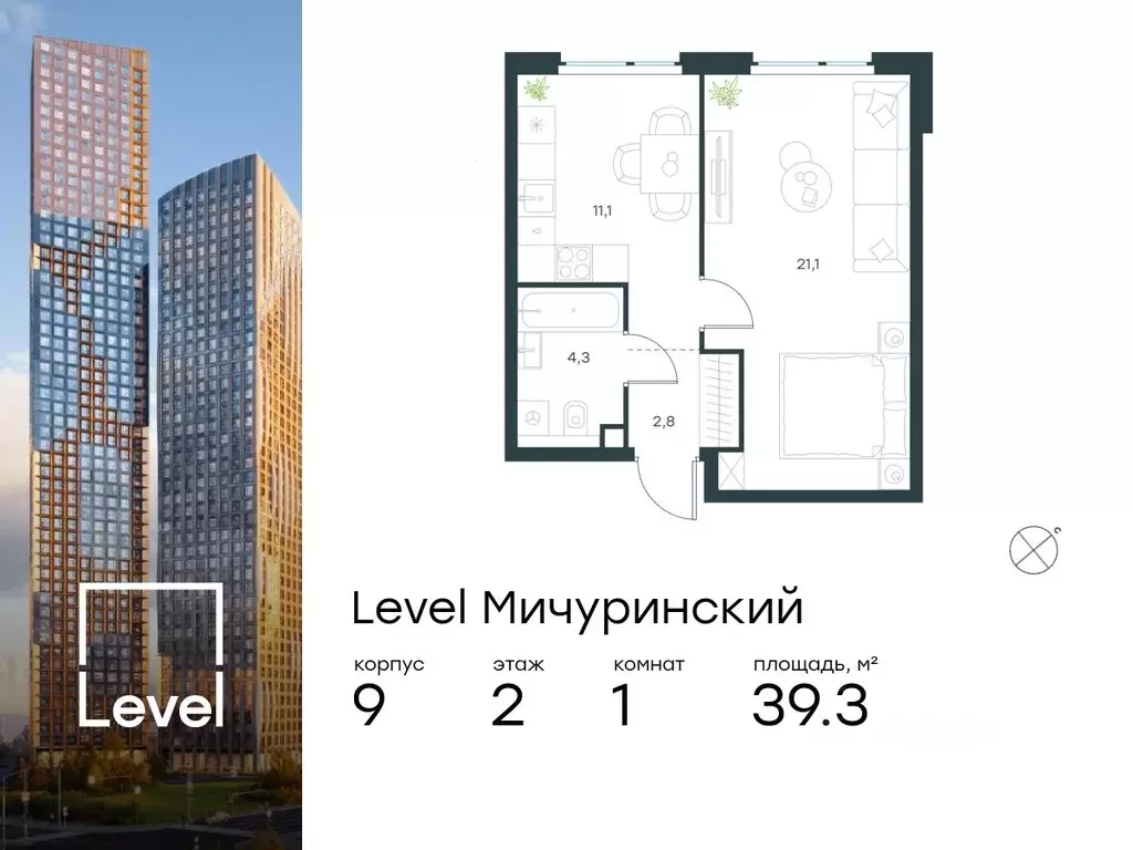 1-к кв. москва левел мичуринский жилой комплекс, к9 (39.3 м) - Фото 0