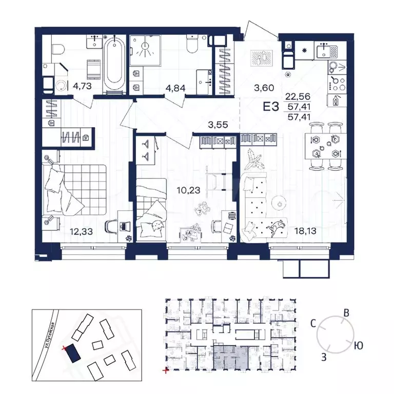 2-к. квартира, 57,4 м, 11/15 эт. - Фото 1