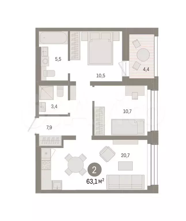 2-к. квартира, 63,1 м, 7/9 эт. - Фото 0