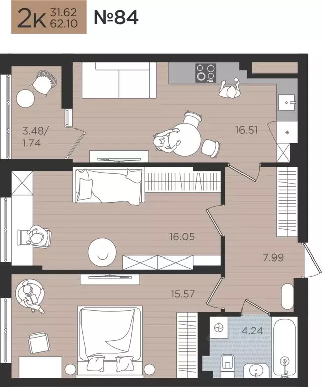 2-к кв. Калининградская область, Калининград Мой Город жилой комплекс ... - Фото 1
