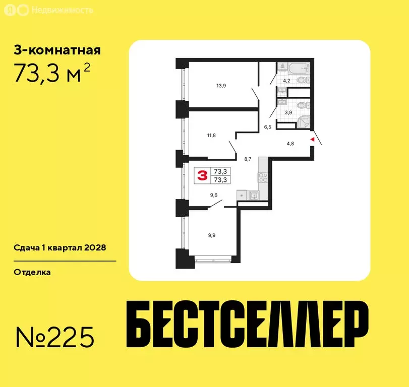3-комнатная квартира: Москва, ЖК Бестселлер (73.3 м) - Фото 0