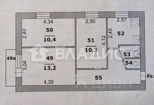 3-к кв. Белгородская область, Белгород пер. 1-й Заводской, 8 (51.0 м) - Фото 2
