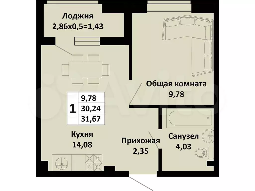 1-к. квартира, 31,7 м, 1/4 эт. - Фото 0