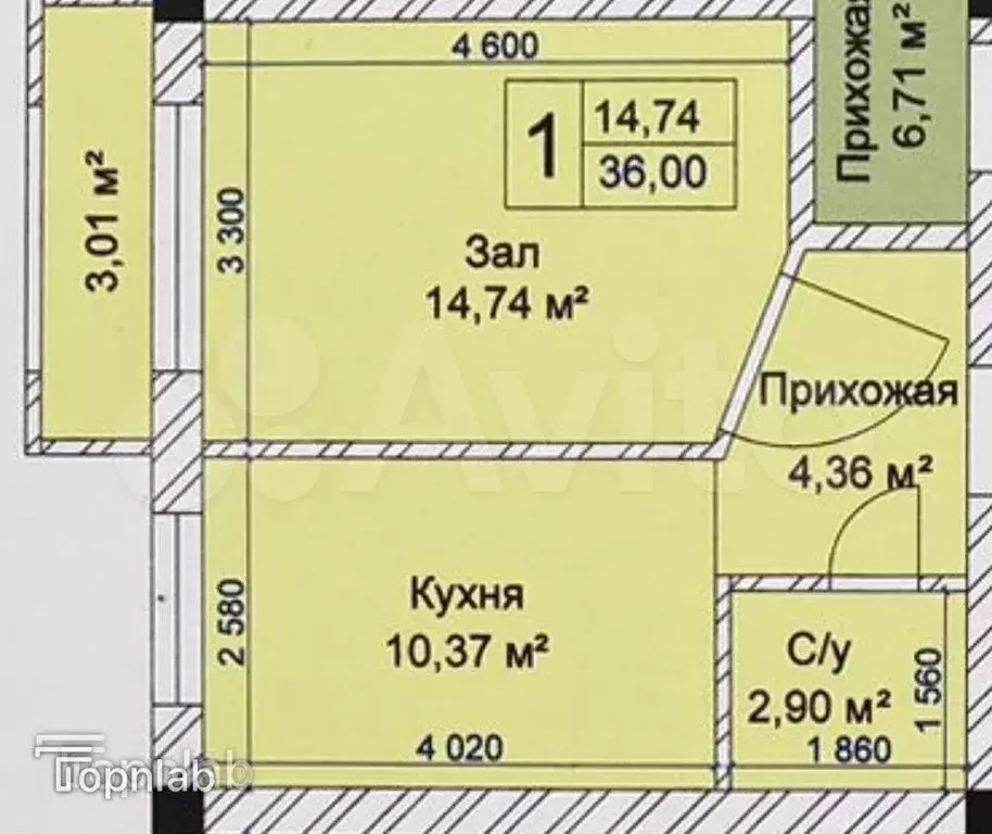 1-к. квартира, 36 м, 2/4 эт. - Фото 1