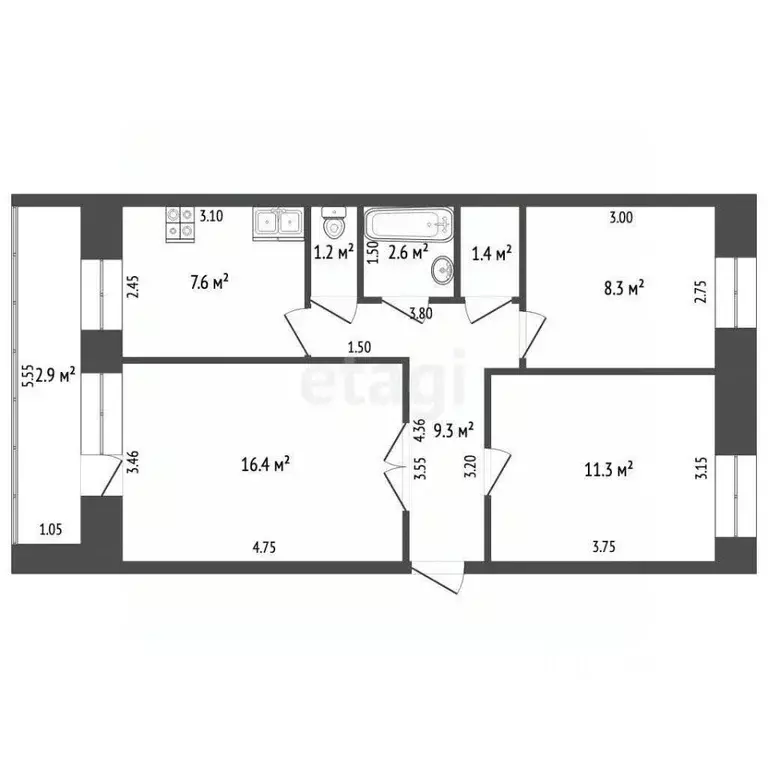 3-к кв. Башкортостан, Бирск ул. Мира, 148 (58.4 м) - Фото 2