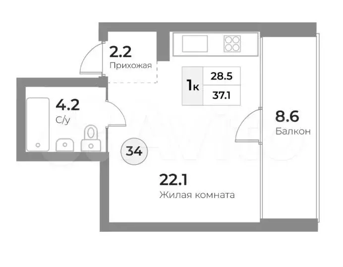 Апартаменты-студия, 37 м, 4/5 эт. - Фото 1