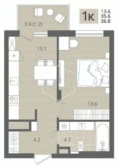 1-к кв. Калининградская область, Пионерский пос. Рыбное,  (36.8 м) - Фото 1