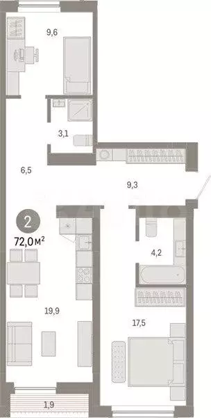 2-к. квартира, 72 м, 2/15 эт. - Фото 0