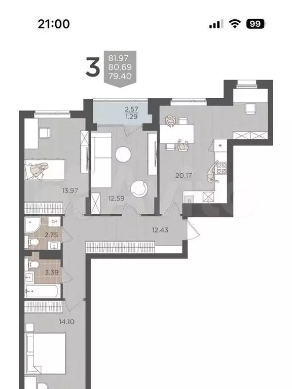 3-к. квартира, 80,7 м, 3/9 эт. - Фото 1